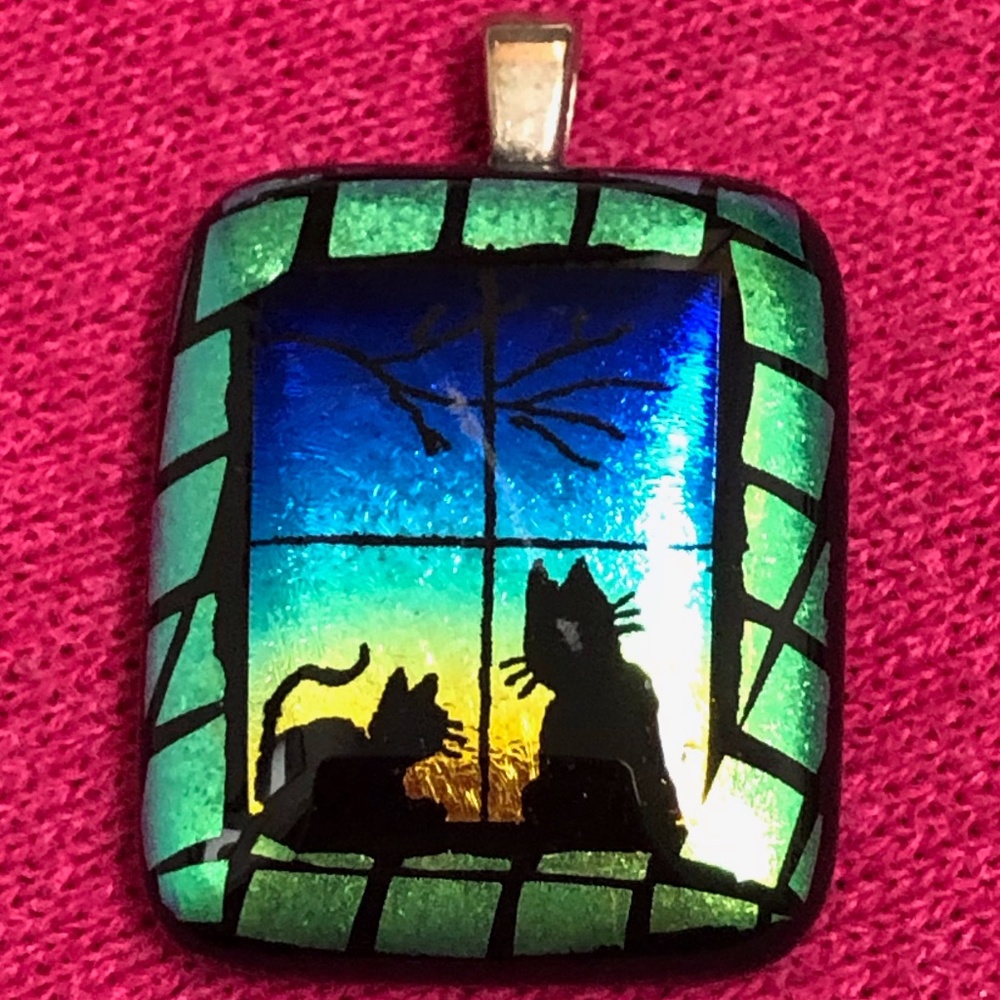 Dichroic Fused Glass Pendant ~ Cats in Window